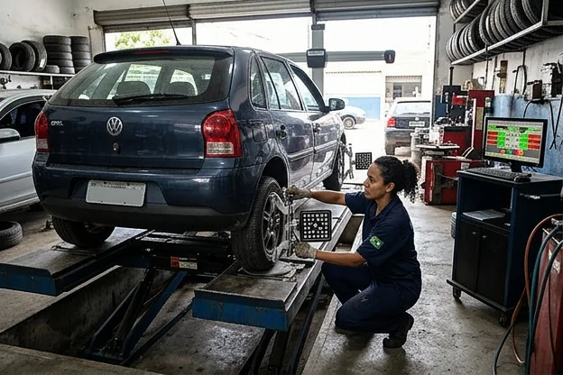 Profissional realizando alinhamento de rodas.