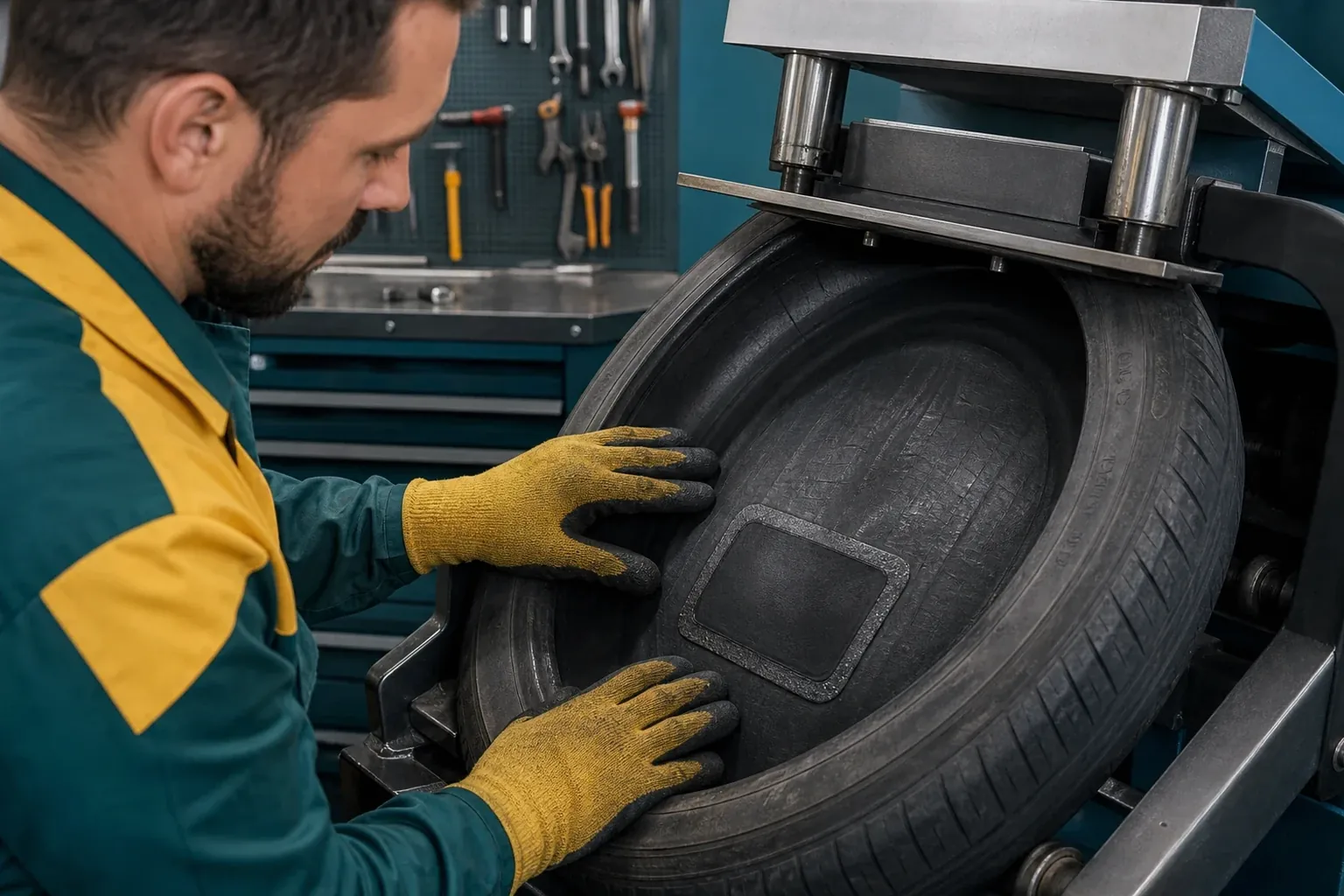 Técnico fazendo vulcanização de um pneu.