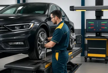 Técnico monitorando o alinhamento de rodas de veículo.
