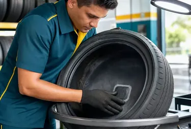 Técnico realizando conserto de pneu em loja de borracharia.