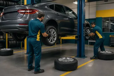 Técnico realizando rodízio de pneus.