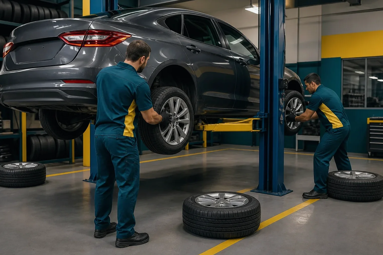 Técnico realizando rodízio de pneus.